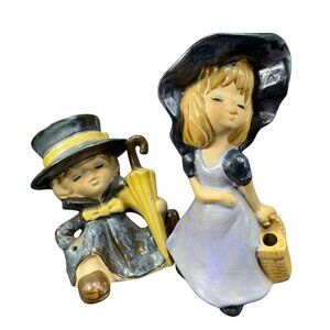 Vintage UCTCI Japan Ceramic Girl with Basket Umbrella Figurine Set 2 W Stickers